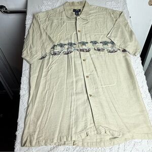 Beige Short Sleeve Button-Up Shirt with Car Print